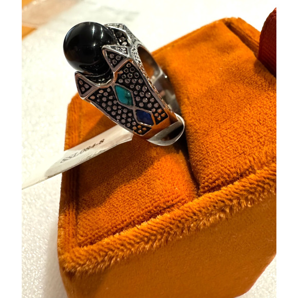 Stainless Steel Unisex Ring 7.5 Black Onyx Pearl Turquoise Statement Chunky - Picture 5 of 8